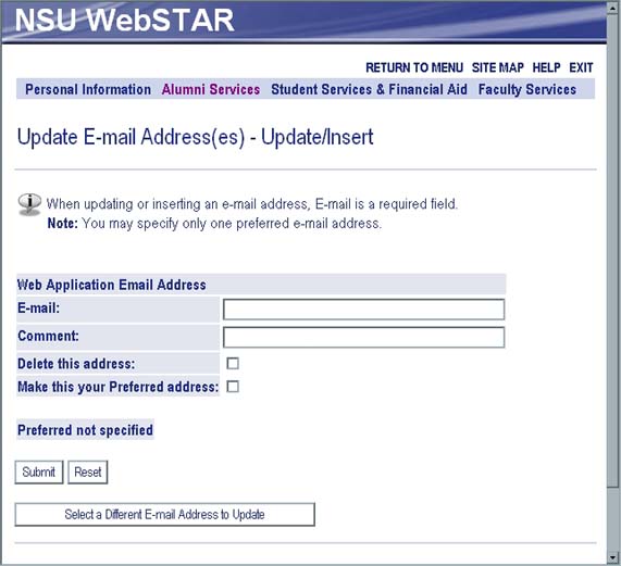 WebSTAR for Alumni Update/Insert E-mail Address screen